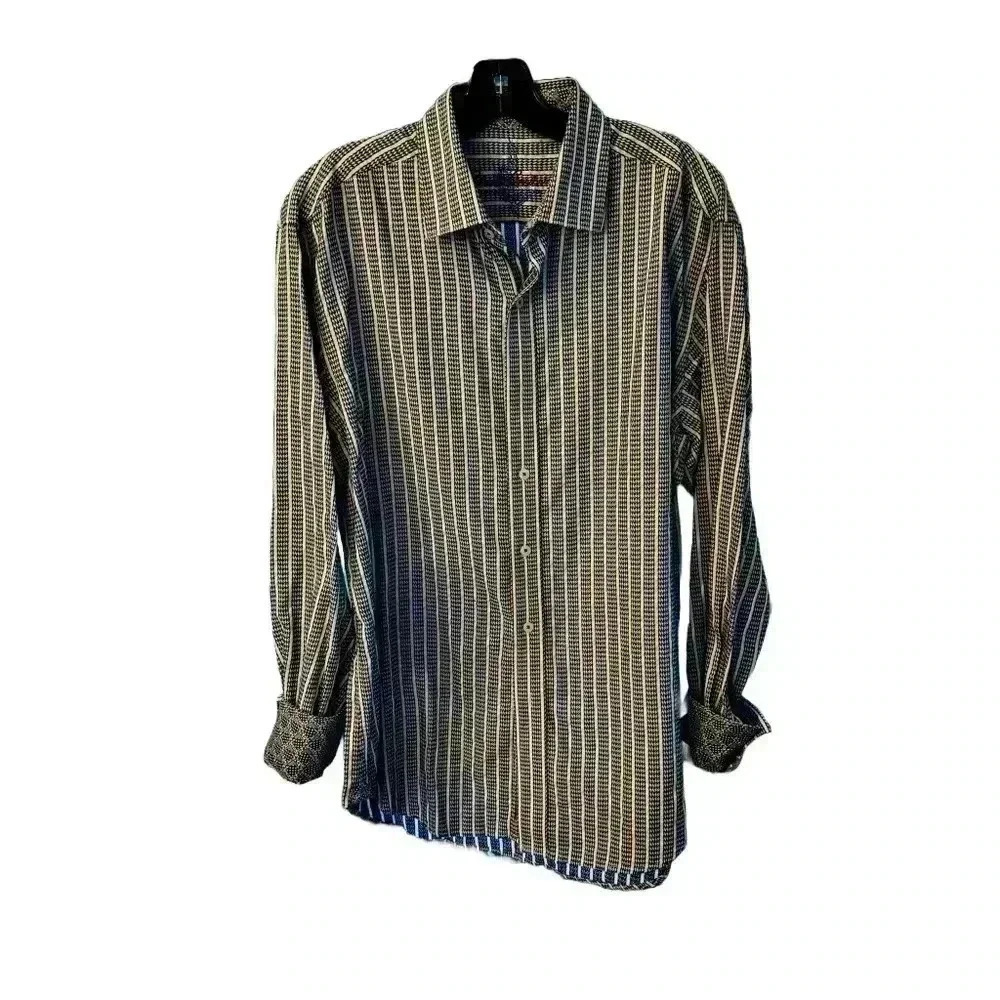Robert Graham Mens Button Down Shirt Multicolored  Striped Flip Cuff Size Large
